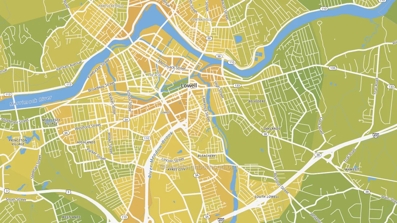 Map of the best neighborhoods in the Back Central, Lowell area, with better matches in green and worse matches in red