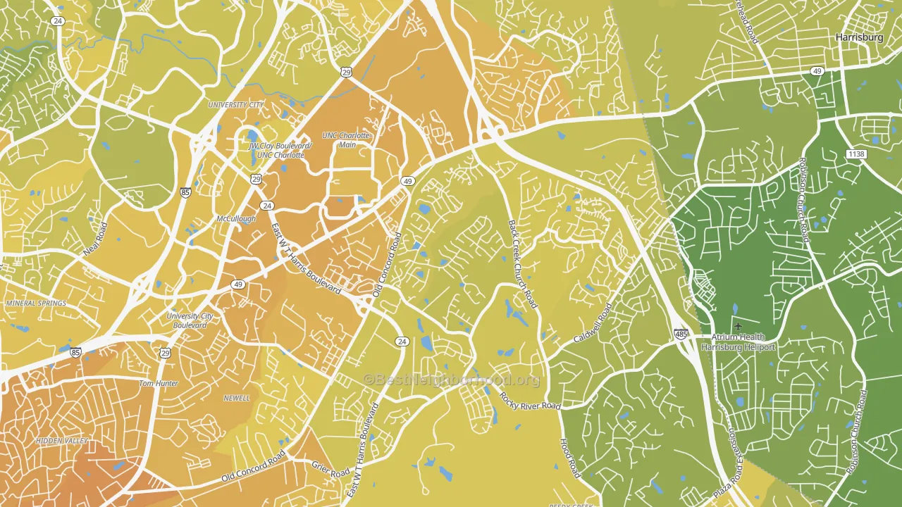 Map of the best neighborhoods in the Back Creek Church Road, Charlotte area, with better matches in green and worse matches in red