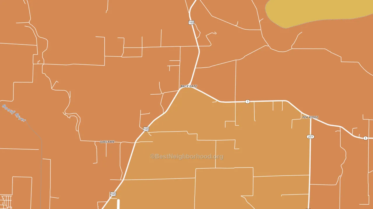 Map of the best neighborhoods in the Back Gate area, with better matches in green and worse matches in red