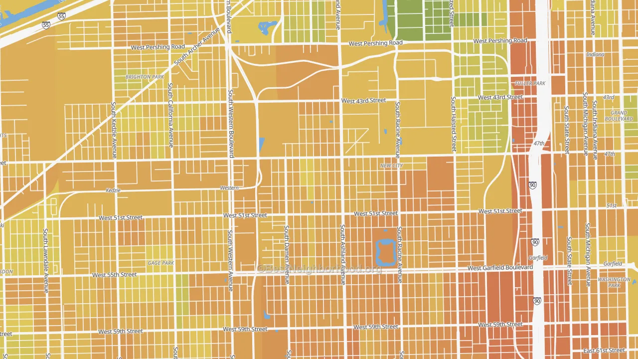 Map of the best neighborhoods in the Back of the Yards, Chicago area, with better matches in green and worse matches in red