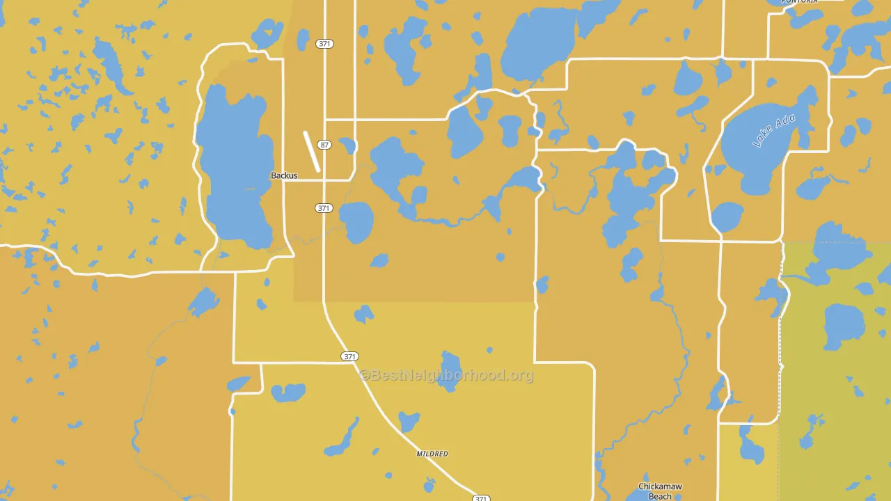 Map of the best neighborhoods in the Backus area, with better matches in green and worse matches in red