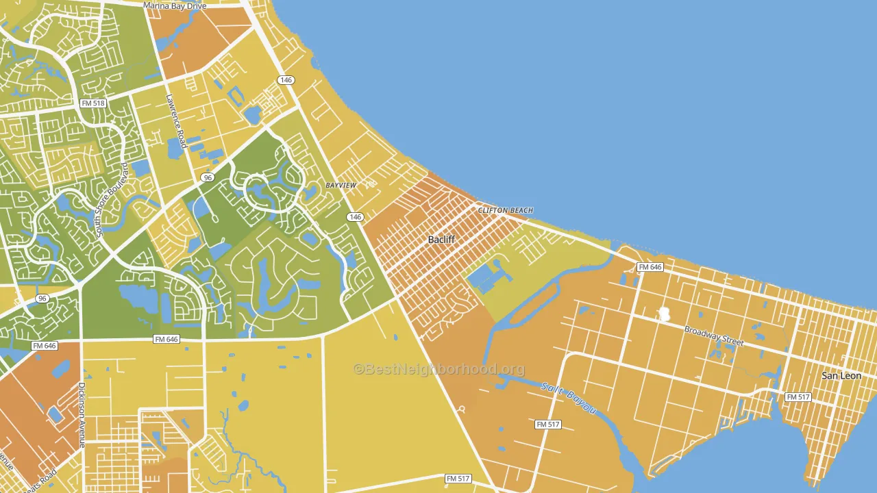 Map of the best neighborhoods in the Bacliff area, with better matches in green and worse matches in red