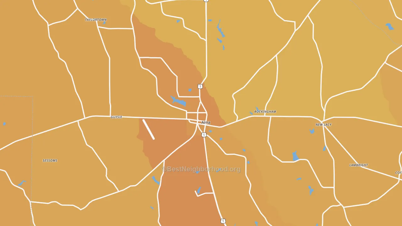 Map of the best neighborhoods in the Bacon County area, with better matches in green and worse matches in red