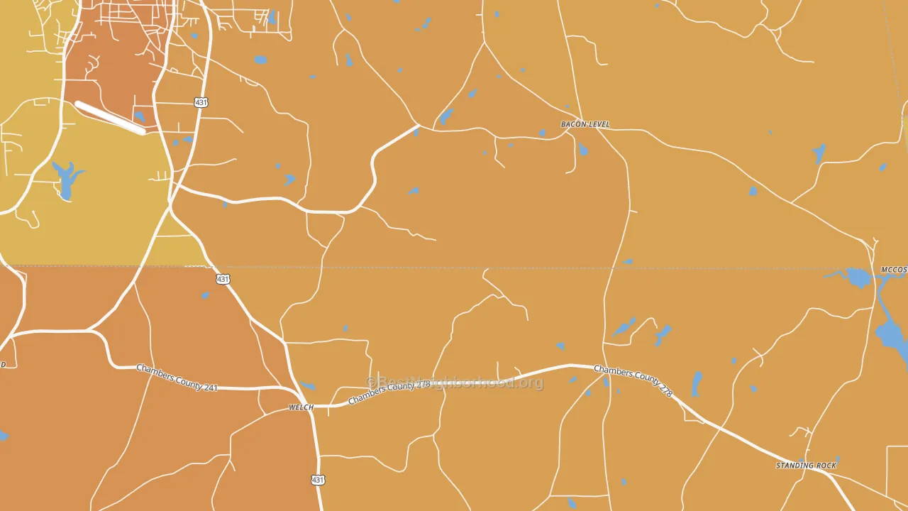 Map of the best neighborhoods in the Bacon Level area, with better matches in green and worse matches in red