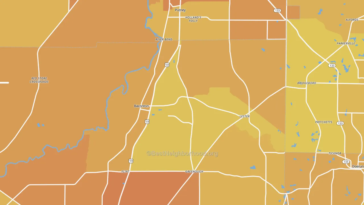 Map of the best neighborhoods in the Baconton area, with better matches in green and worse matches in red