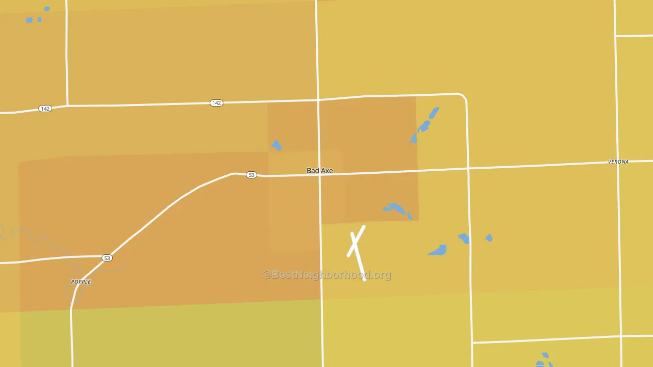 Map of the best neighborhoods in the Bad Axe area, with better matches in green and worse matches in red