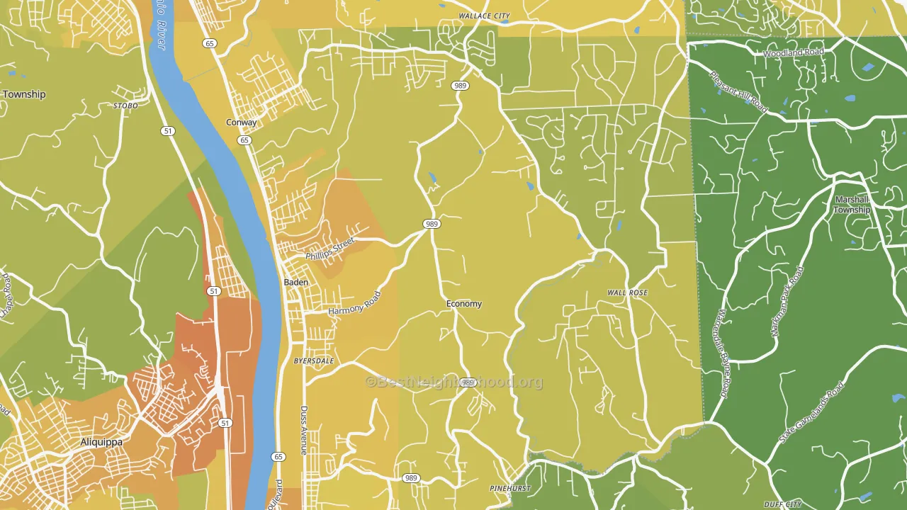 Map of the best neighborhoods in the Baden area, with better matches in green and worse matches in red