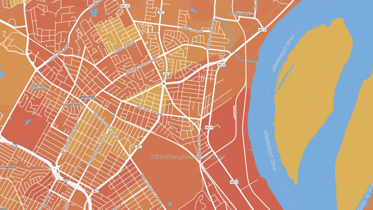 Map of the best neighborhoods in the Baden, St. Louis area, with better matches in green and worse matches in red