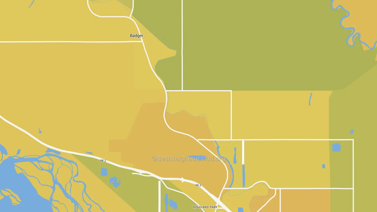 Map of the best neighborhoods in the Badger area, with better matches in green and worse matches in red