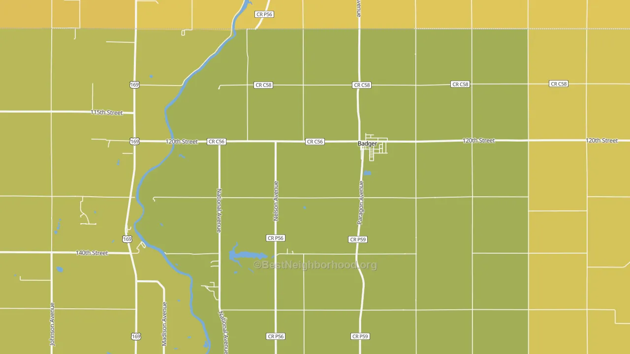 Map of the best neighborhoods in the Badger area, with better matches in green and worse matches in red