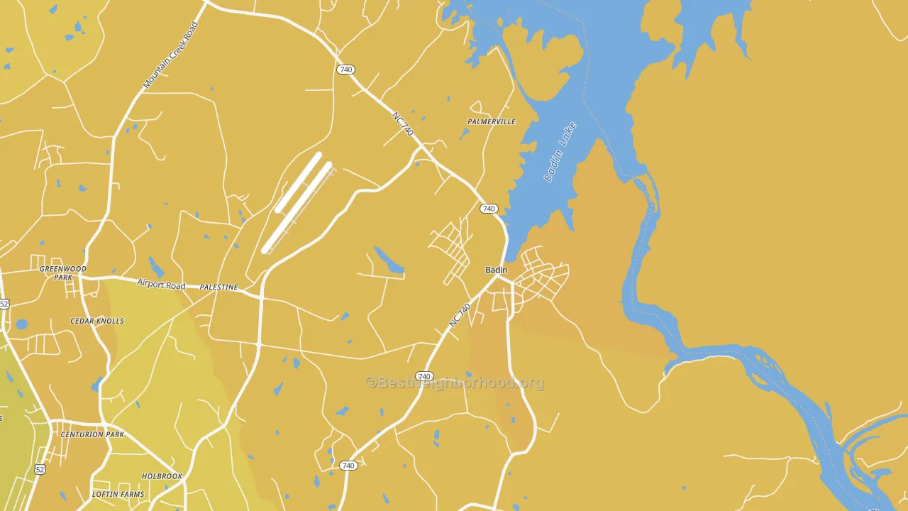 Map of the best neighborhoods in the Badin area, with better matches in green and worse matches in red