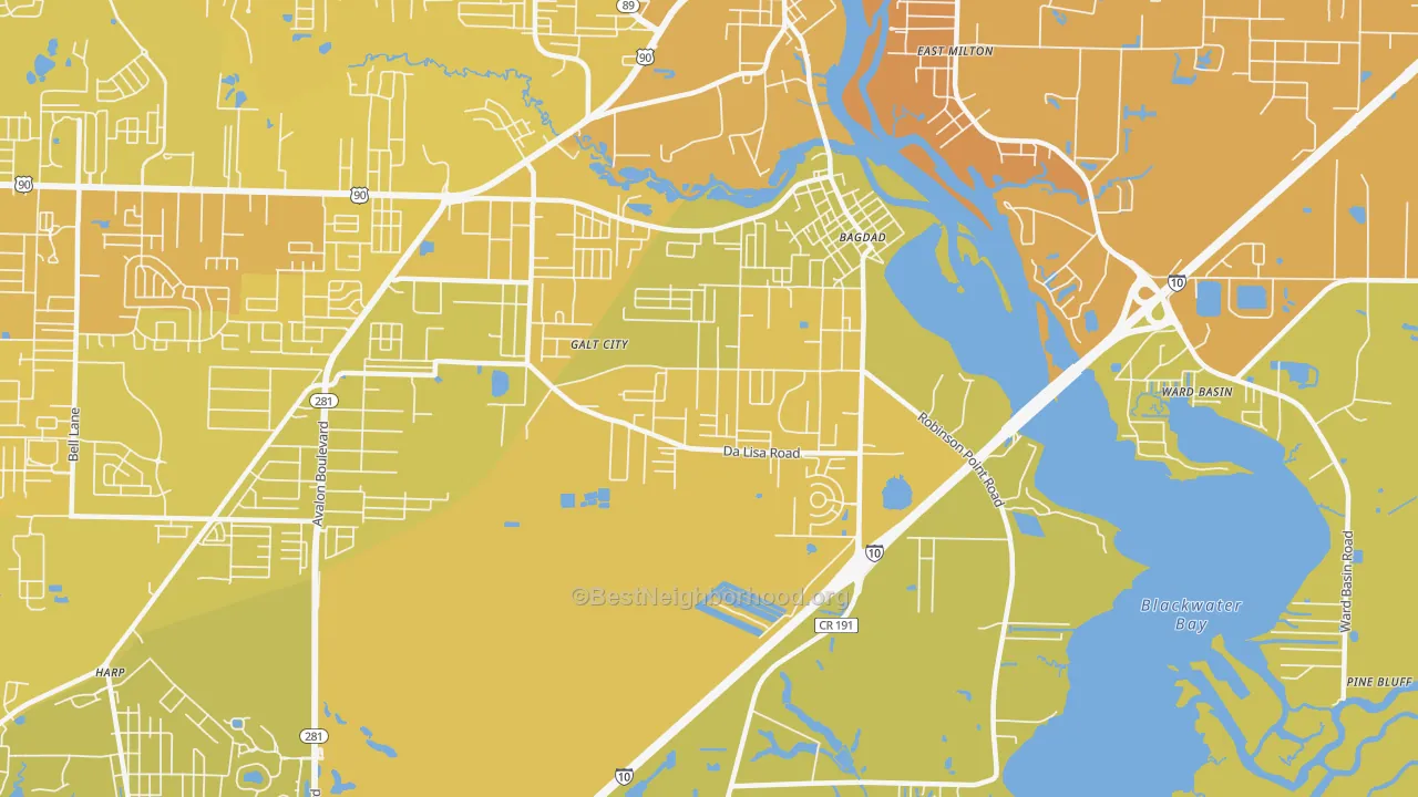 Map of the best neighborhoods in the Bagdad area, with better matches in green and worse matches in red