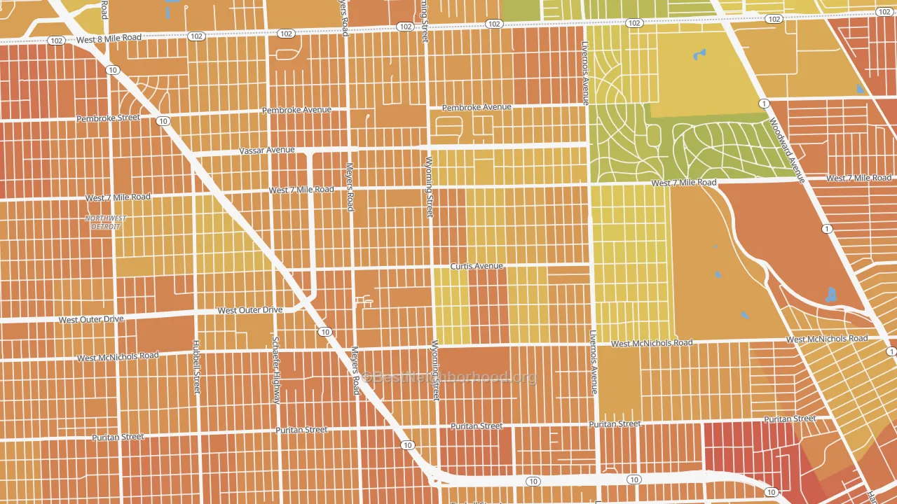 Map of the best neighborhoods in the Bagley, Detroit area, with better matches in green and worse matches in red