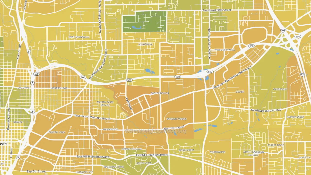 Map of the best neighborhoods in the Bagley Downs, Vancouver area, with better matches in green and worse matches in red