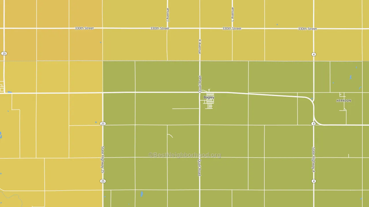 Map of the best neighborhoods in the Bagley area, with better matches in green and worse matches in red