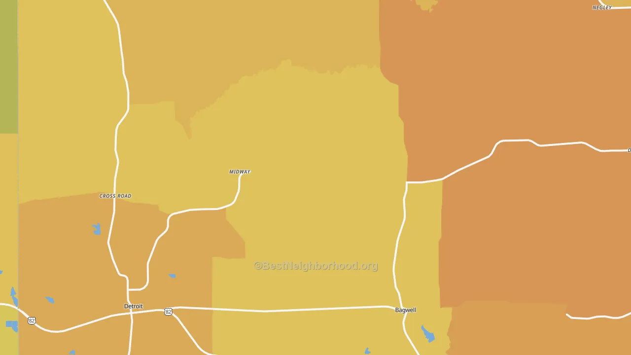 Map of the best neighborhoods in the Bagwell area, with better matches in green and worse matches in red
