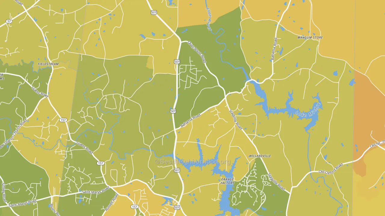 Map of the best neighborhoods in the Bahama area, with better matches in green and worse matches in red