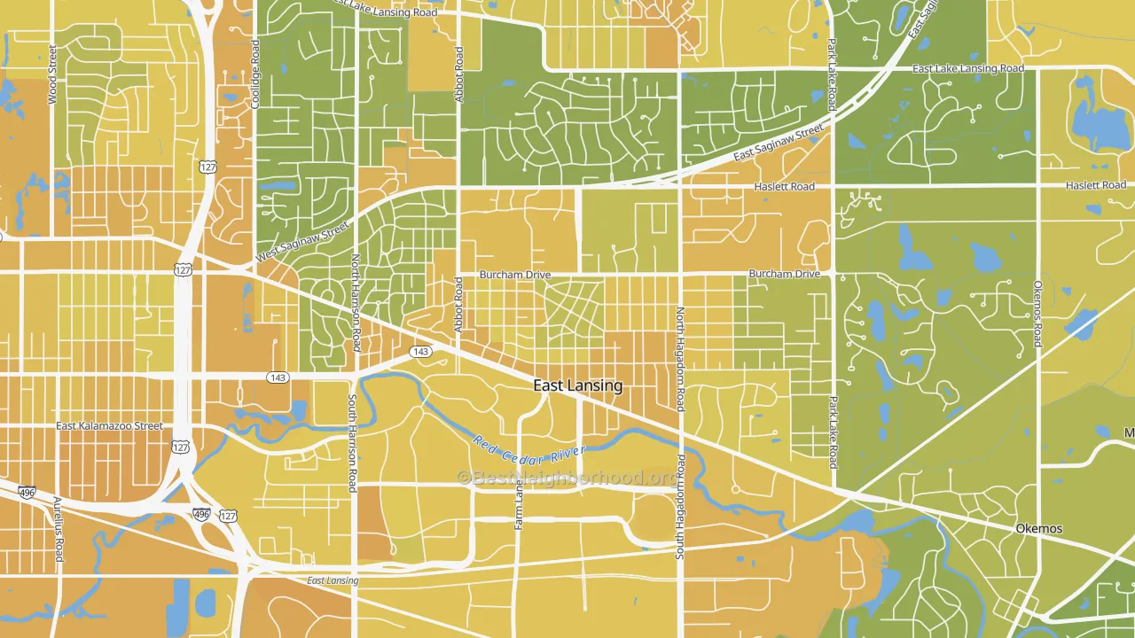 Map of the best neighborhoods in the Bailey, East Lansing area, with better matches in green and worse matches in red