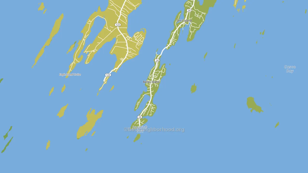 Map of the best neighborhoods in the Bailey Island area, with better matches in green and worse matches in red