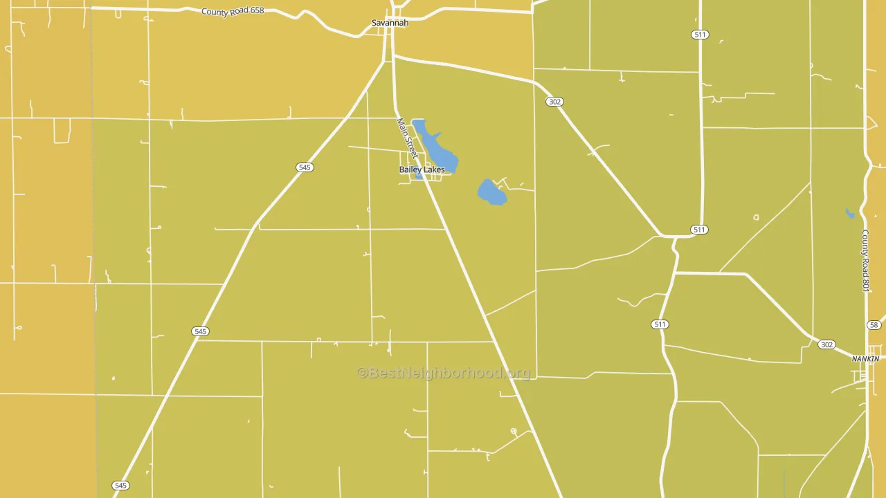 Map of the best neighborhoods in the Bailey Lakes area, with better matches in green and worse matches in red