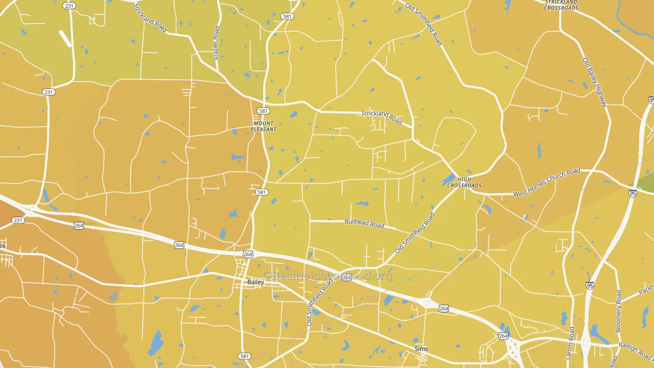 Map of the best neighborhoods in the Bailey area, with better matches in green and worse matches in red