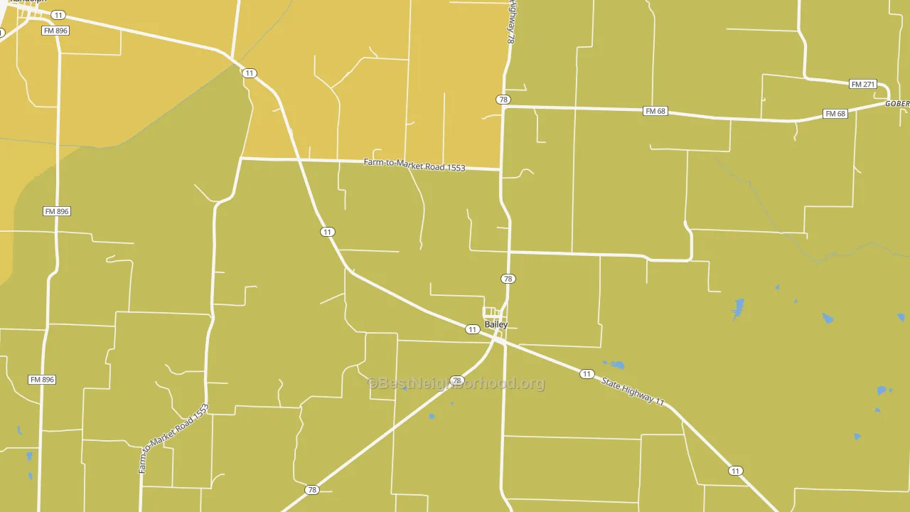 Map of the best neighborhoods in the Bailey area, with better matches in green and worse matches in red