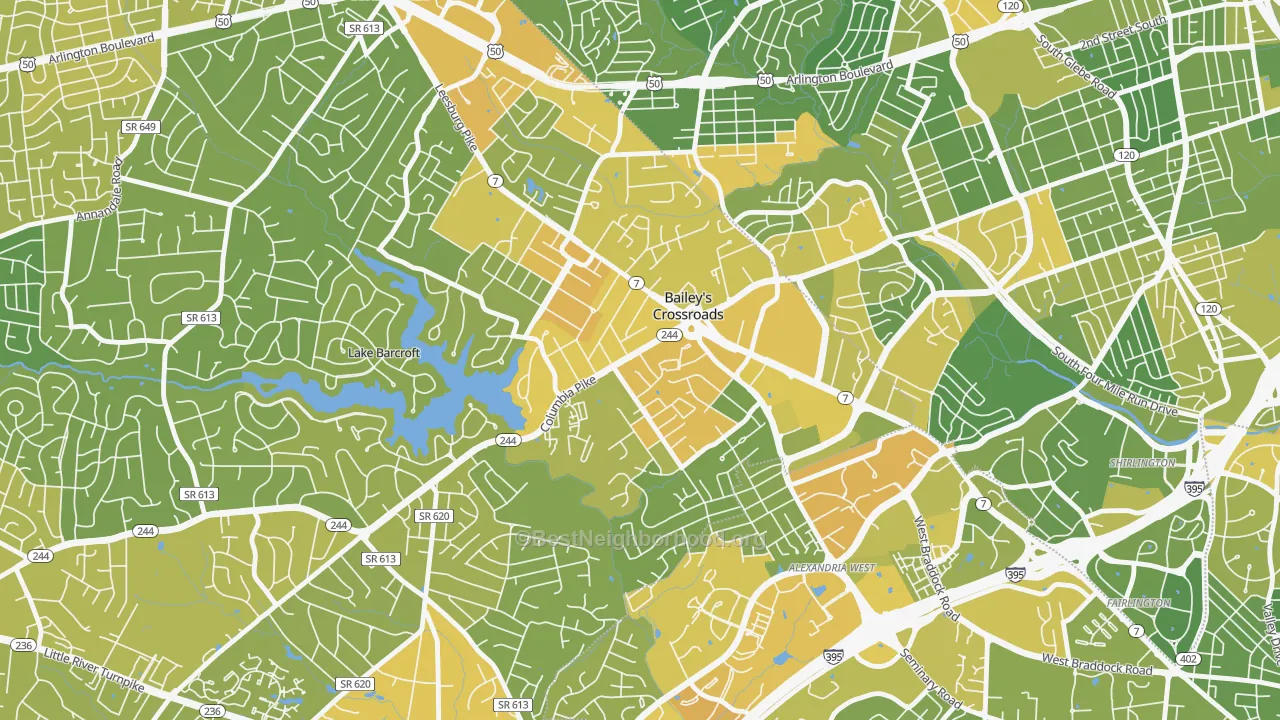 Map of the best neighborhoods in the Bailey's Crossroads, Falls Church area, with better matches in green and worse matches in red