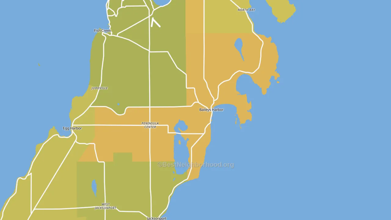 Map of the best neighborhoods in the Baileys Harbor area, with better matches in green and worse matches in red