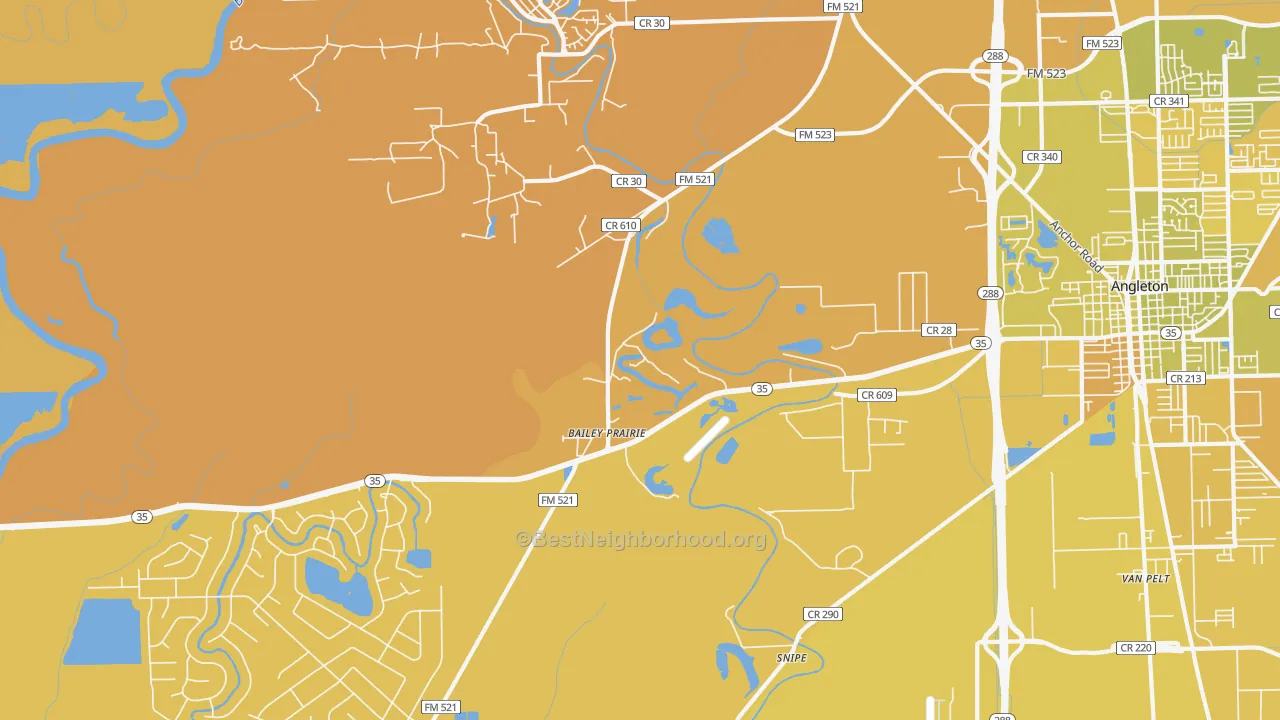 Map of the best neighborhoods in the Baileys Prairie area, with better matches in green and worse matches in red