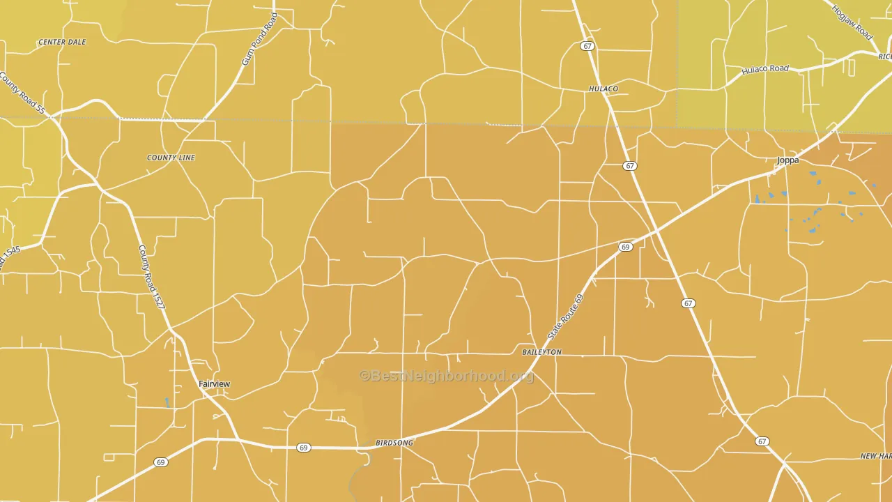 Map of the best neighborhoods in the Baileyton area, with better matches in green and worse matches in red