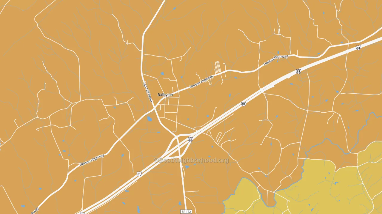 Map of the best neighborhoods in the Baileyton area, with better matches in green and worse matches in red