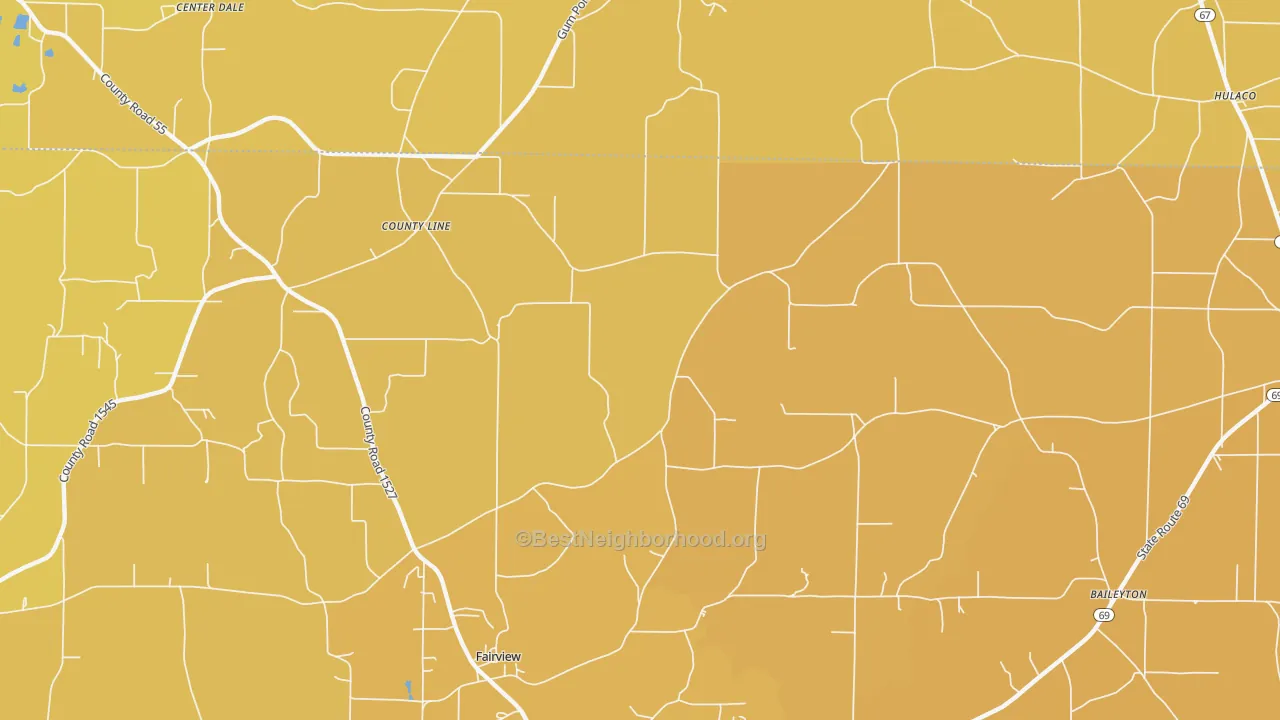 Map of the best neighborhoods in the Baileytown area, with better matches in green and worse matches in red