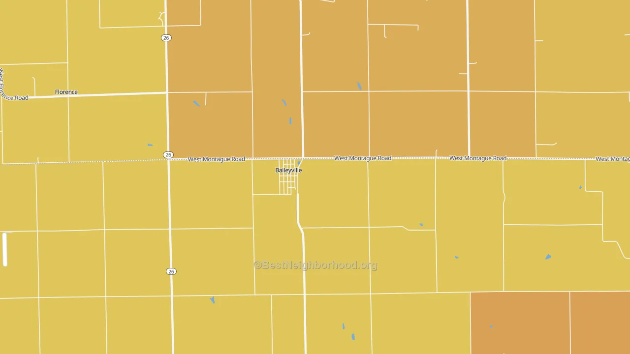 Map of the best neighborhoods in the Baileyville area, with better matches in green and worse matches in red