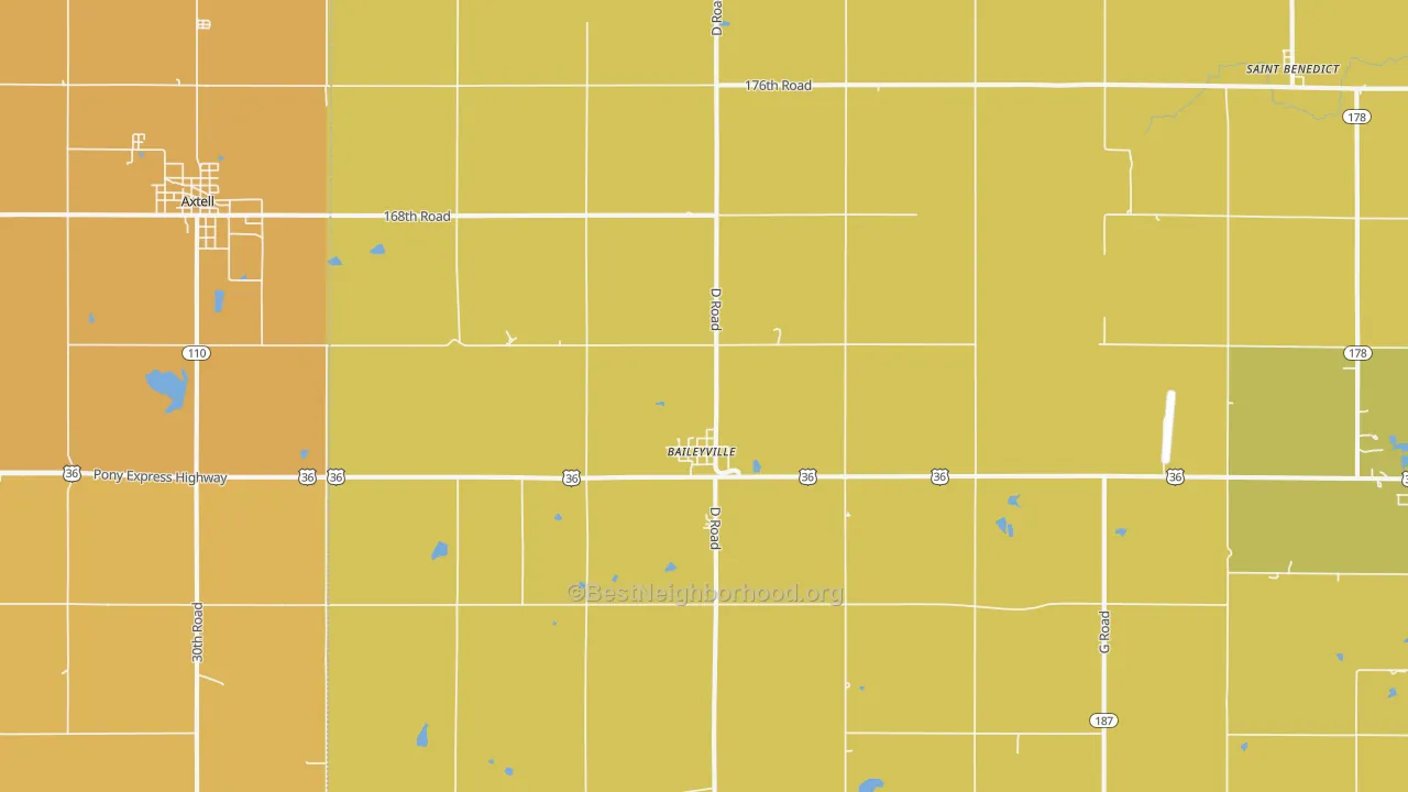 Map of the best neighborhoods in the Baileyville area, with better matches in green and worse matches in red