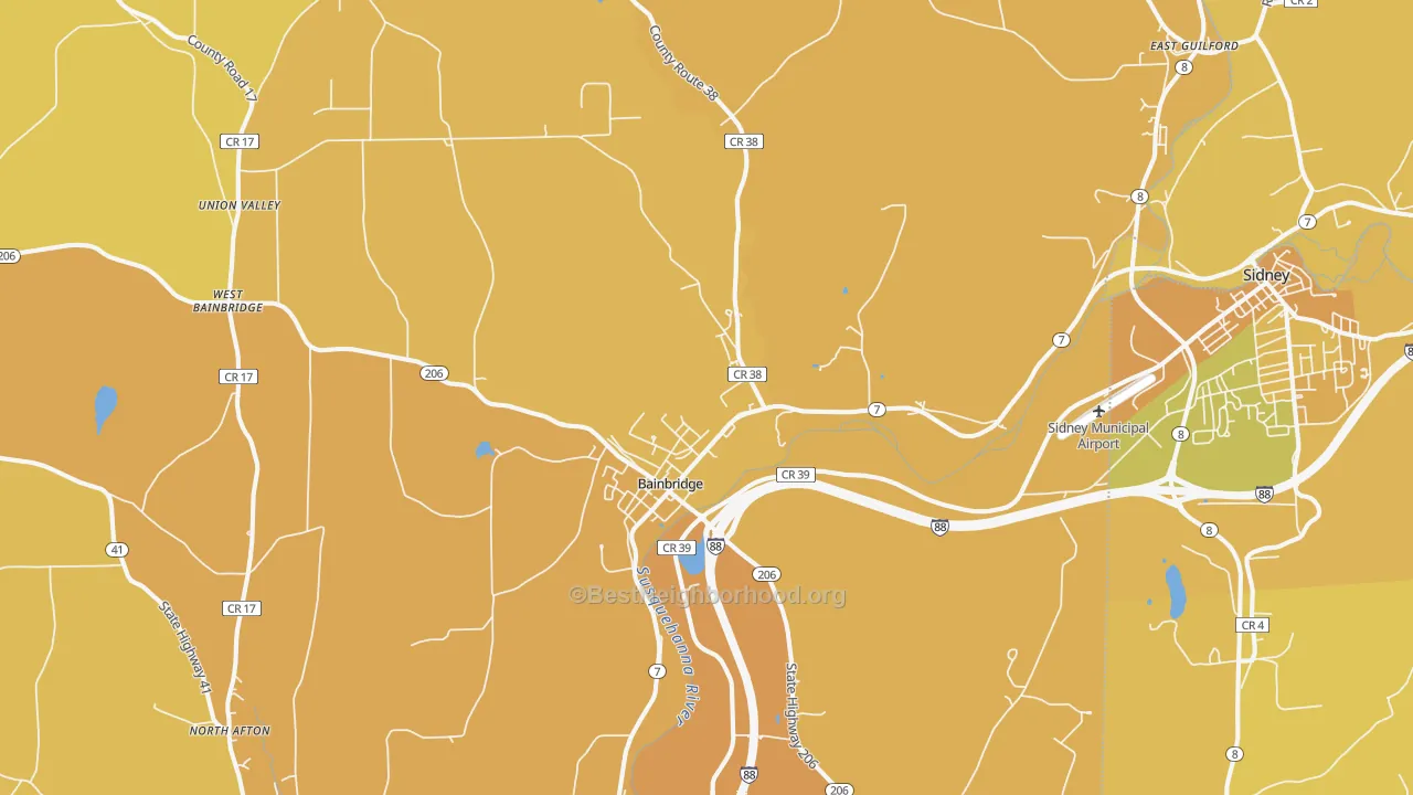 Map of the best neighborhoods in the Bainbridge area, with better matches in green and worse matches in red