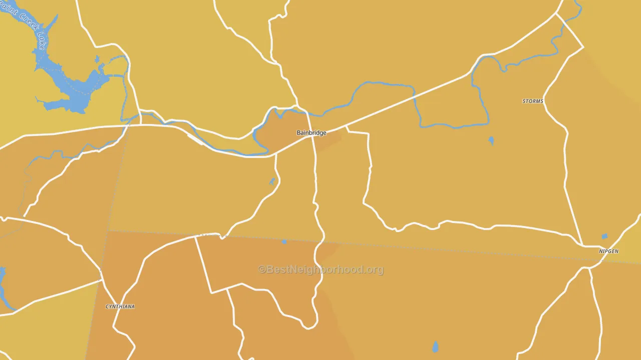 Map of the best neighborhoods in the Bainbridge area, with better matches in green and worse matches in red