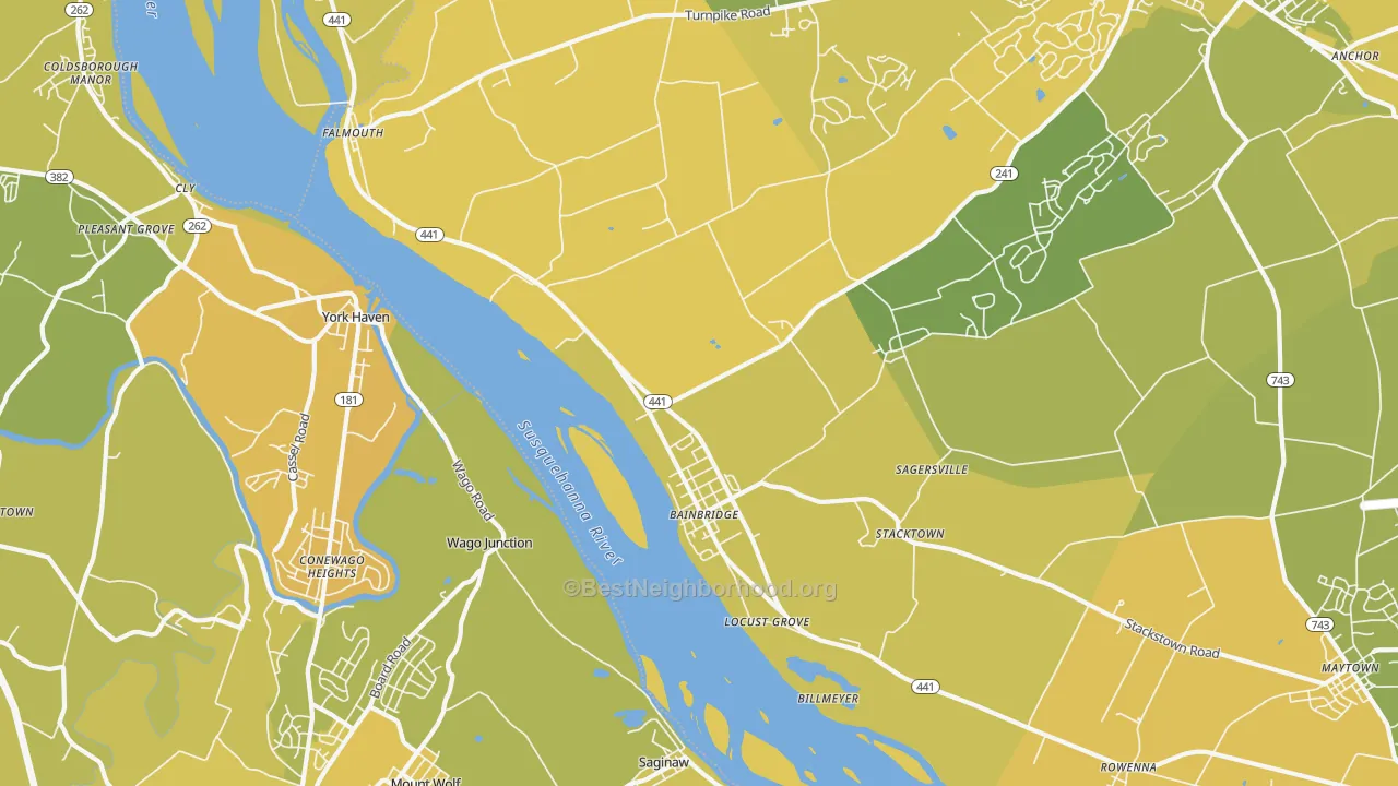 Map of the best neighborhoods in the Bainbridge area, with better matches in green and worse matches in red