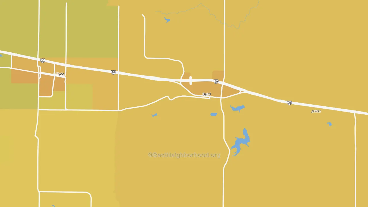 Map of the best neighborhoods in the Baird area, with better matches in green and worse matches in red