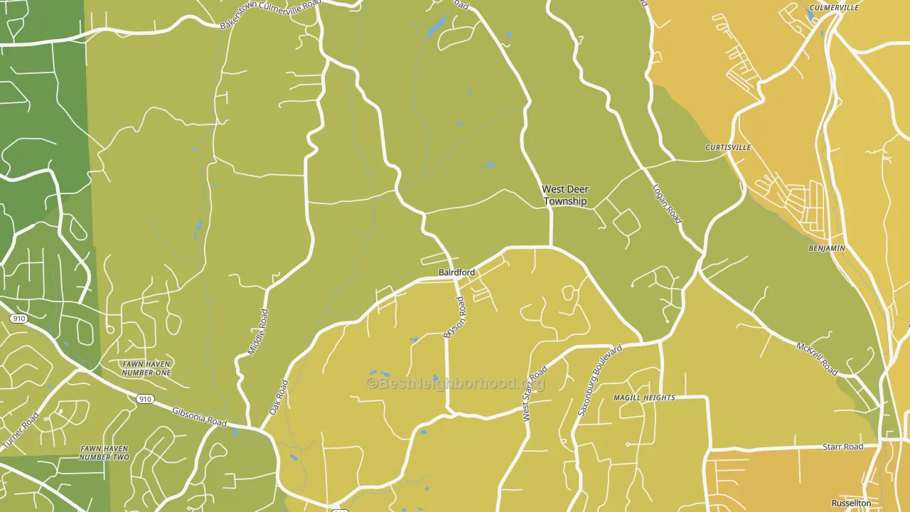 Map of the best neighborhoods in the Bairdford area, with better matches in green and worse matches in red