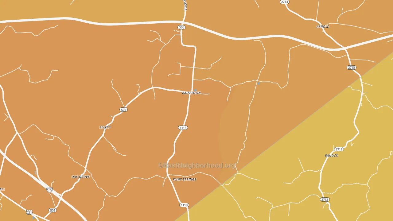 Map of the best neighborhoods in the Baizetown area, with better matches in green and worse matches in red