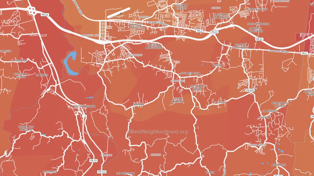 Map of the best neighborhoods in the Bajadero area, with better matches in green and worse matches in red