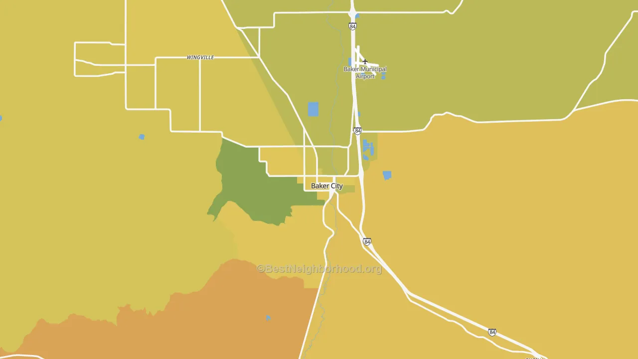 Map of the best neighborhoods in the Baker City area, with better matches in green and worse matches in red