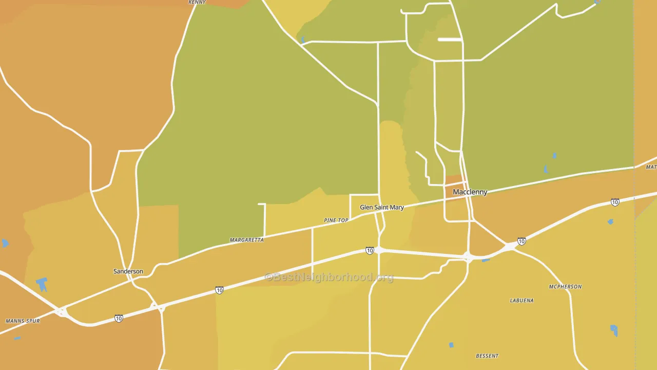 Map of the best neighborhoods in the Baker County area, with better matches in green and worse matches in red