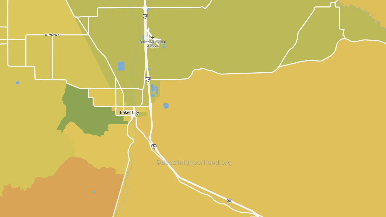 Map of the best neighborhoods in the Baker County area, with better matches in green and worse matches in red