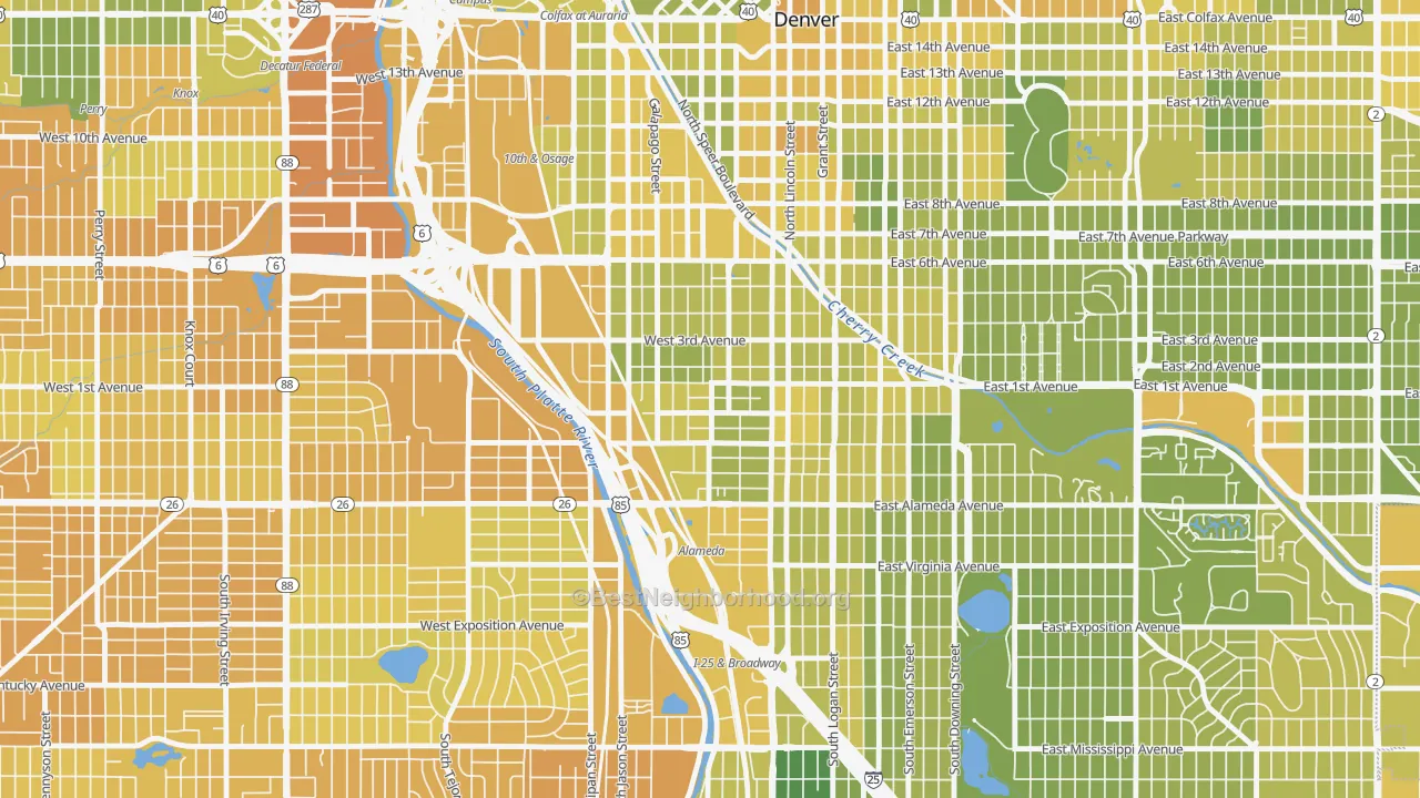 Map of the best neighborhoods in the Baker, Denver area, with better matches in green and worse matches in red