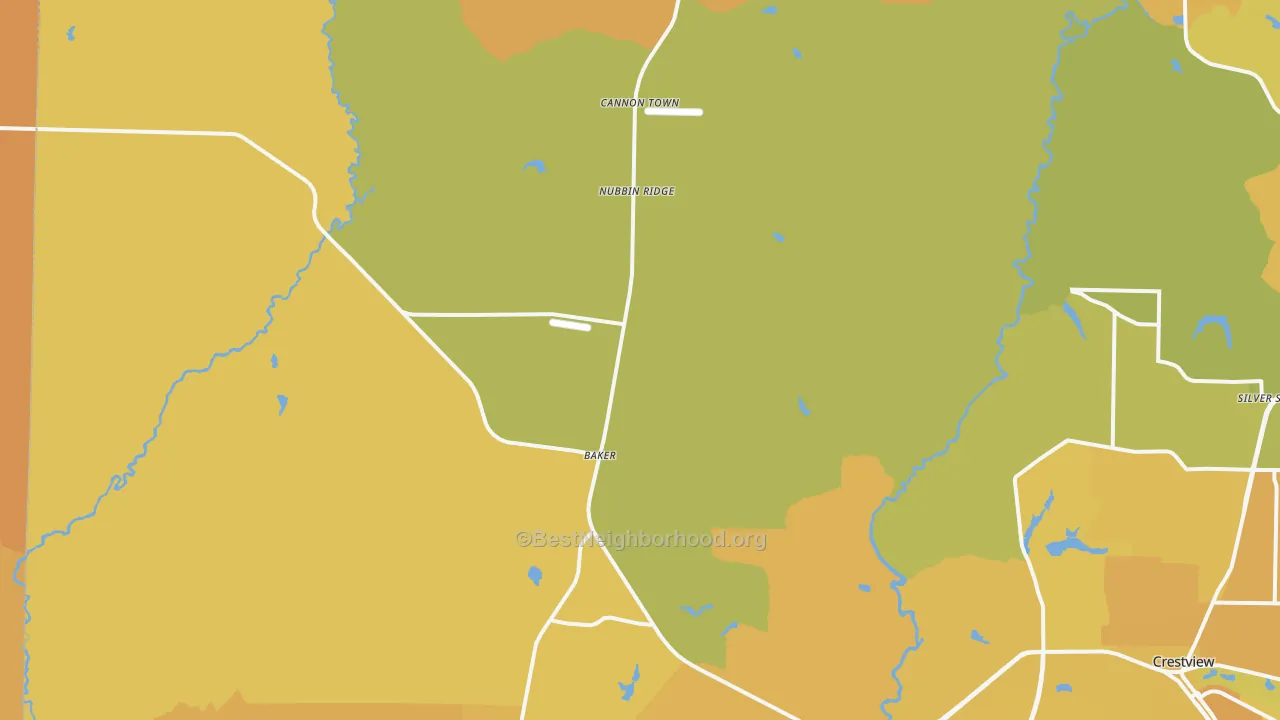 Map of the best neighborhoods in the Baker area, with better matches in green and worse matches in red
