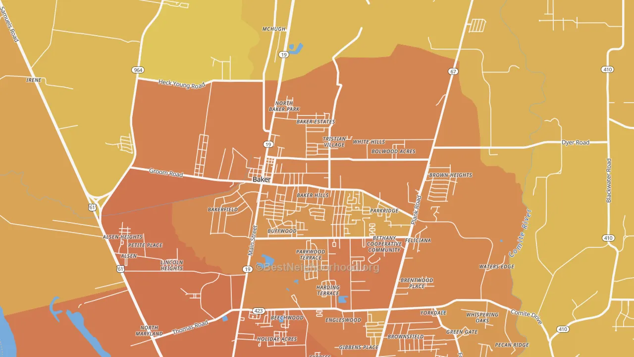Map of the best neighborhoods in the Baker area, with better matches in green and worse matches in red