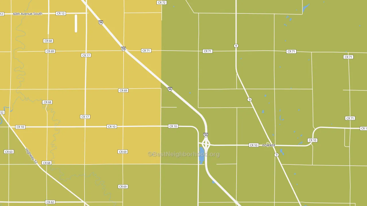 Map of the best neighborhoods in the Baker area, with better matches in green and worse matches in red