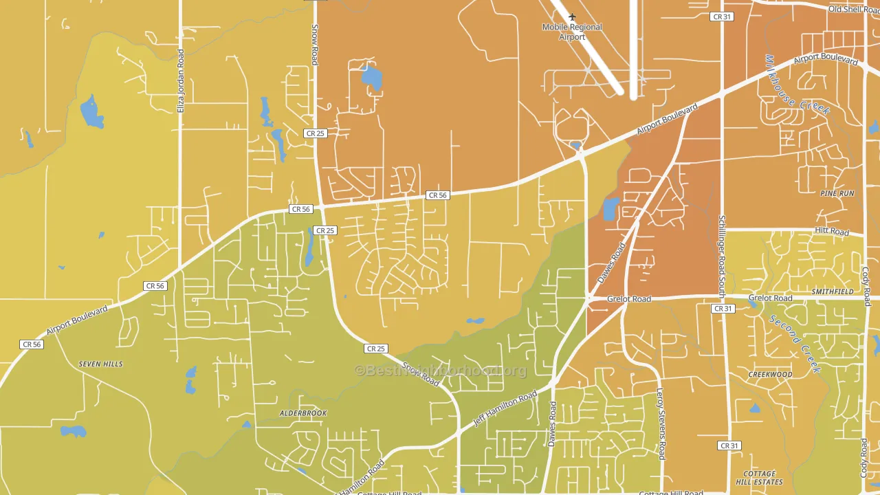 Map of the best neighborhoods in the Baker, Mobile area, with better matches in green and worse matches in red