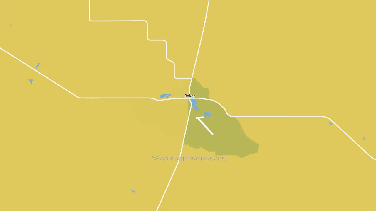 Map of the best neighborhoods in the Baker area, with better matches in green and worse matches in red